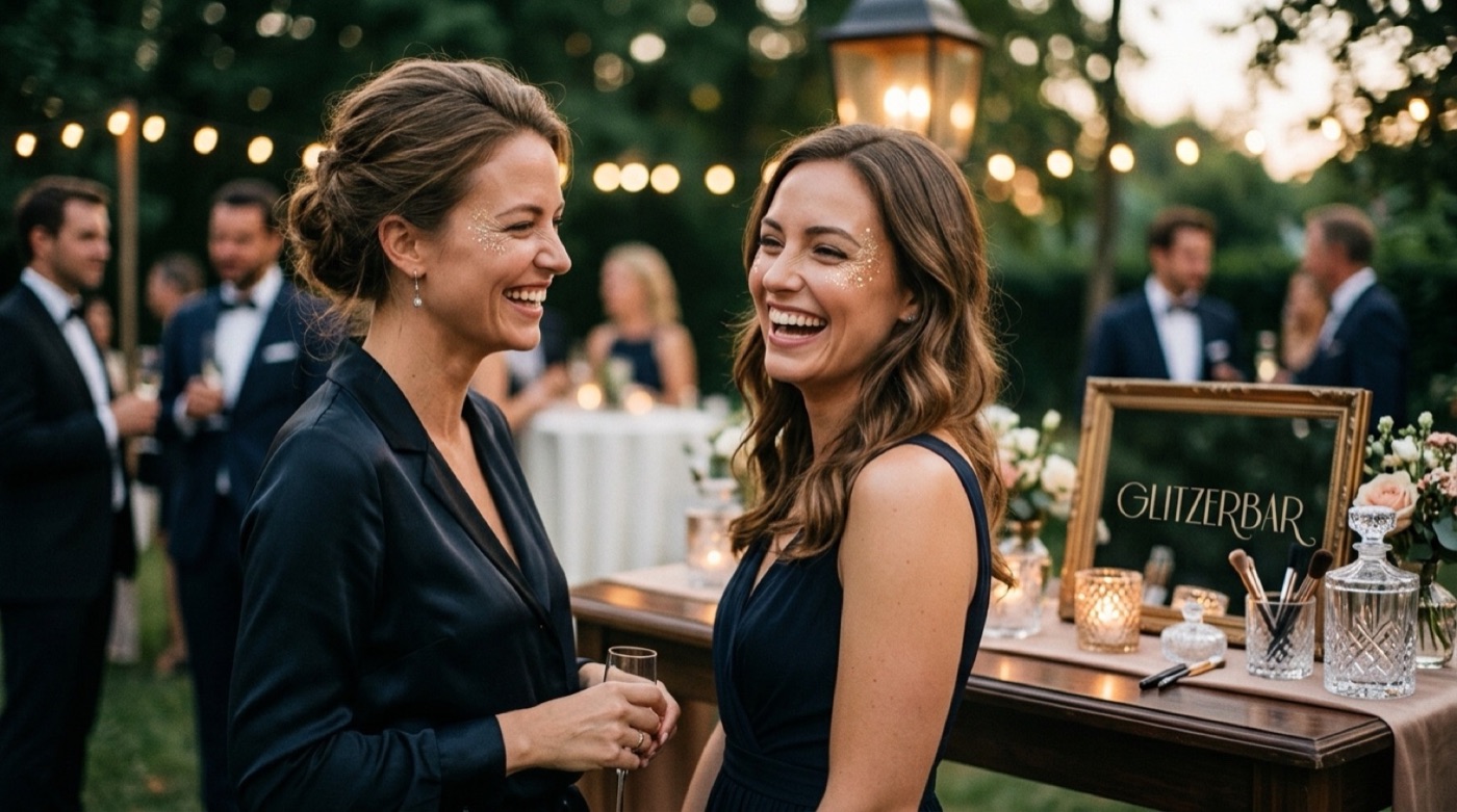 Two laughing guests at the glitter bar of a garden party