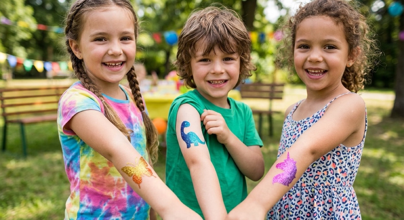 Three children showing the glitter tattoos on their arms