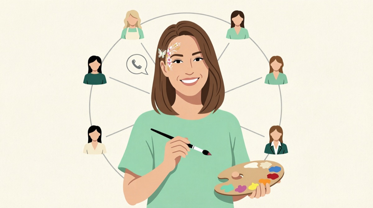 Illustration: Isa als zentrale Ansprechperson eines Netzwerks weiterer Kinderschminkerinnen für grosse Events