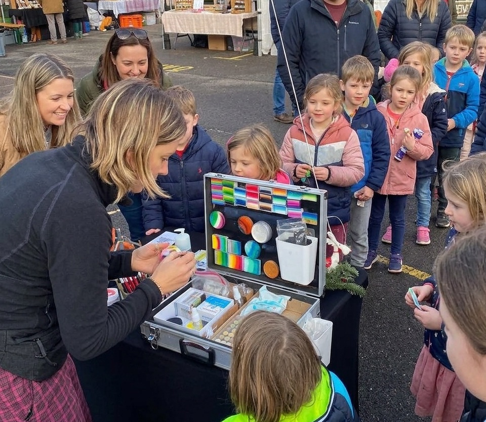 Kinderschminken am Event-Stand — Isa mit Farbkoffer und wartenden Kindern
