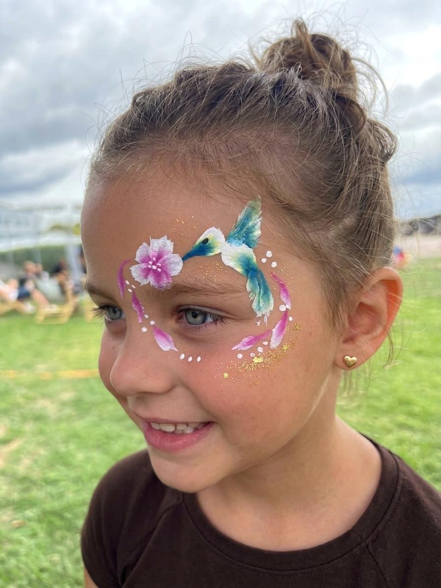 Kind mit Kolibri- und Blüten-Face-Art am Auge, draussen an einem Event