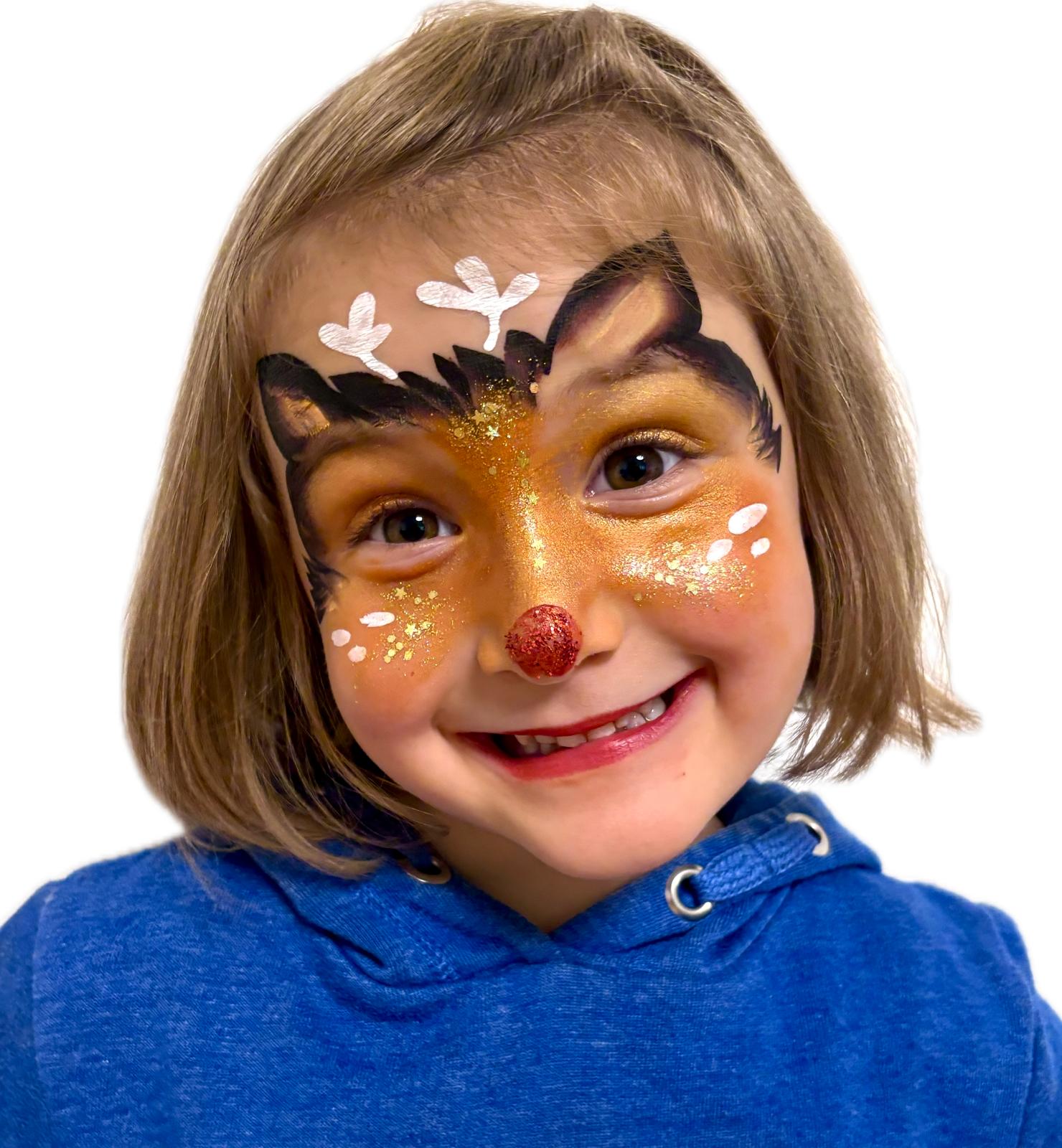 Saisonales Kinderschminken — Rentier mit roter Glitzernase